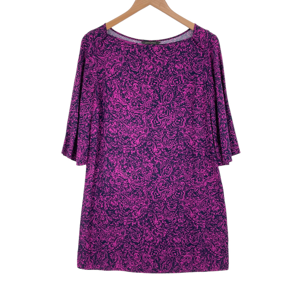 Banana Republic Tunic Top Women Petite Small Purple Paisley Rayon Flutter Sleeve
